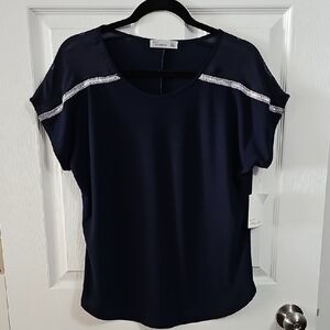 89th & Madison Navy Blouse with Silver Detailing